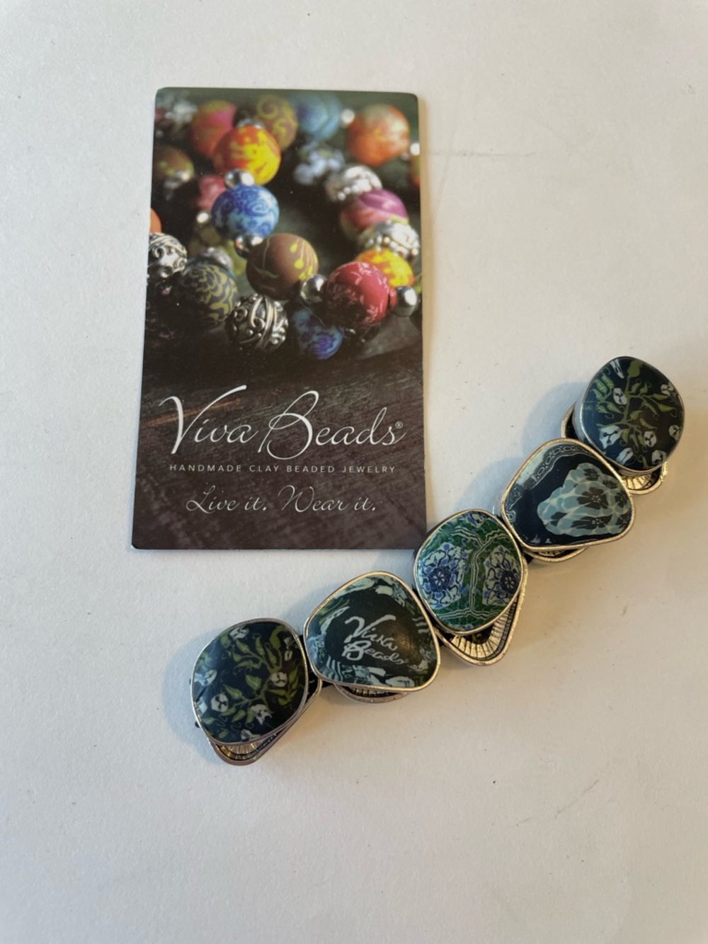 Viva Beads Green Patterned Stone Link Stretch Bracelet